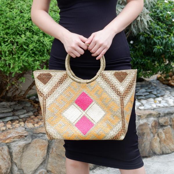 バニグ ハンドメイド トートバッグ 持ち手ラウンド ハンドバッグ banig bag アジア フィリピン デザイン6 M