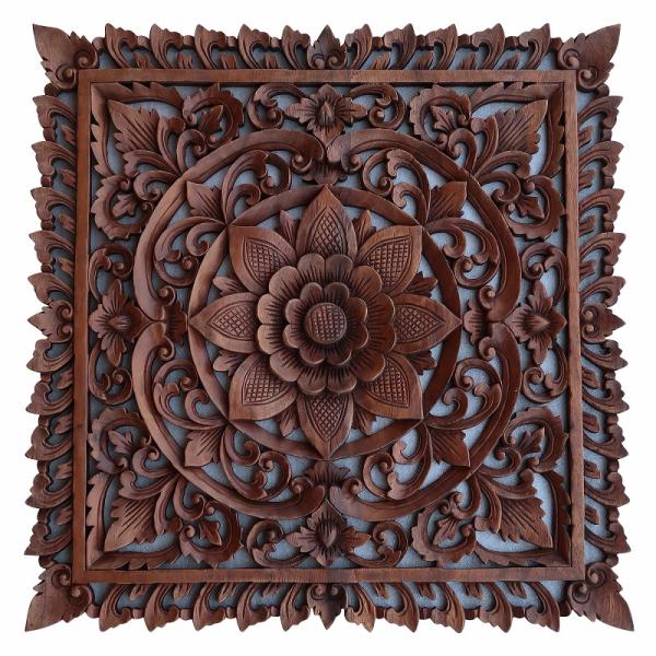花の木彫りの壁掛けレリーフ 60X60 スワール無垢材 【壁掛け