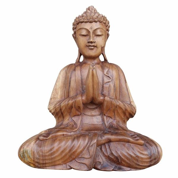 ブッダの木彫り 32cm 合掌 座像 スワール無垢材 木製仏像 仏陀