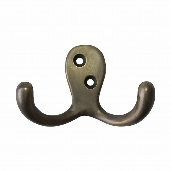 壁掛けJ字ダブルフック 真鍮製 アンティーク調 U-031 Wフック 二股