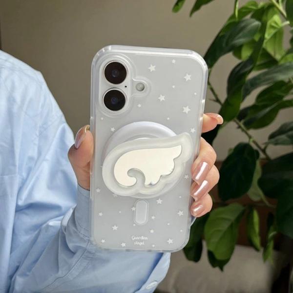 iPhone17ケース アイフォンケース スマフォケース グリップトック ミラー 星 ミルキーウェイ 天使の羽 ホワイト 半透明 クリア マグセーフ magsafe ワンタッチ吸