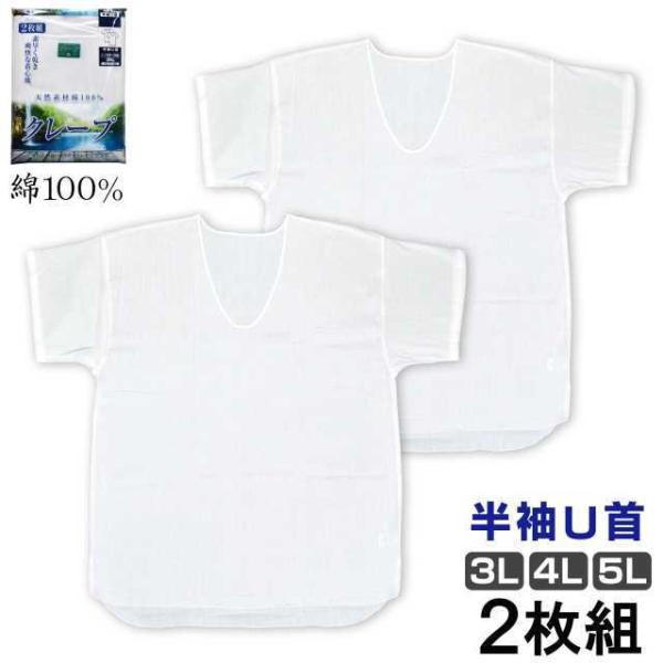肌着 メンズ 半袖 大きい サイズ 2枚組 Uネック Tシャツ インナー クレープ 綿100％