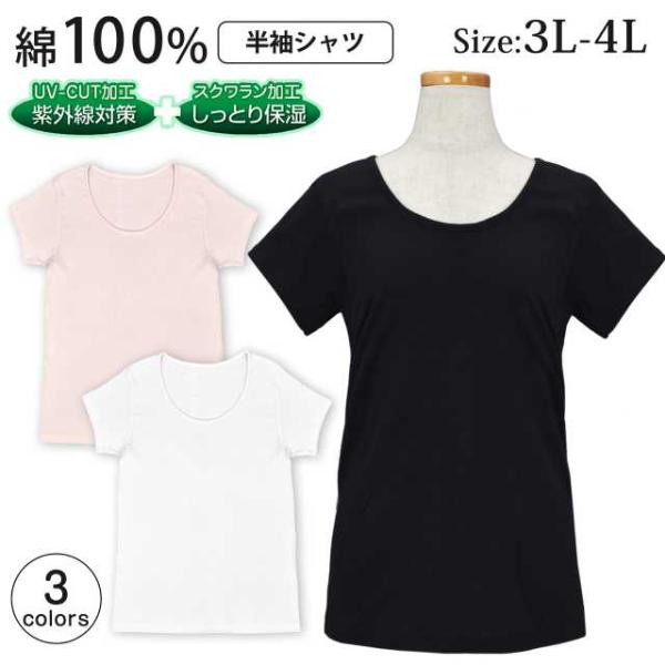 (ネコポス便送料無料)半袖Tシャツ レディース 大きいサイズ インナー トップス 無地 UVカット 保湿 綿