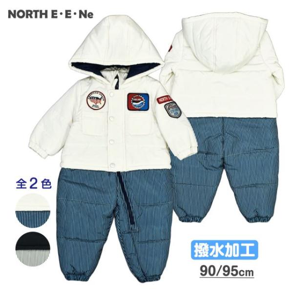 ▼　商品説明撥水加工 ワッペン付き 中綿入り ジャンプスーツ 。無地にストライプ柄パンツの スノーコンビ です。胸元と袖にはかっこいいワッペン付き。はっ水加工が施されているので雨や雪を弾きます。首回りにはシャーリングが入っているので程よいフ...