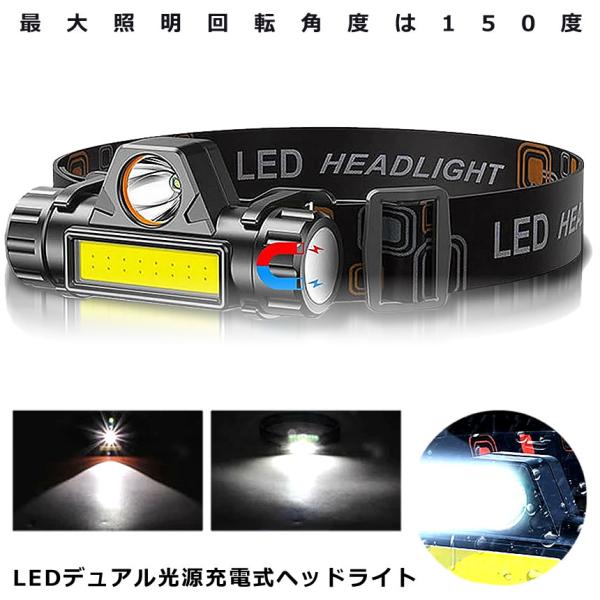 LEDデュアル 光源 USB 充電式 ヘッドライト 高輝度 モード 300ルーメン ...