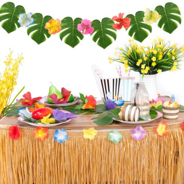 【商品概要】【ユニークなデザイン】 テーブルスカートの端に約25色のハイビスカスの花が埋め込まれており、パーティーテーブルや宴会テーブルの装飾に使用でき、パーティーの装飾に新鮮で自然な外観を加えます。【長さ調節可能】ハイビスカスの花と上端に...