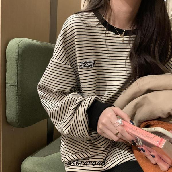 トレーナー レディース カットソー 長袖 tシャツ ボーダー柄 プルオーバー 体型カバー カジュアル 丸首 韓国ファッション ロングｔ バイカラー チュニック 春 秋