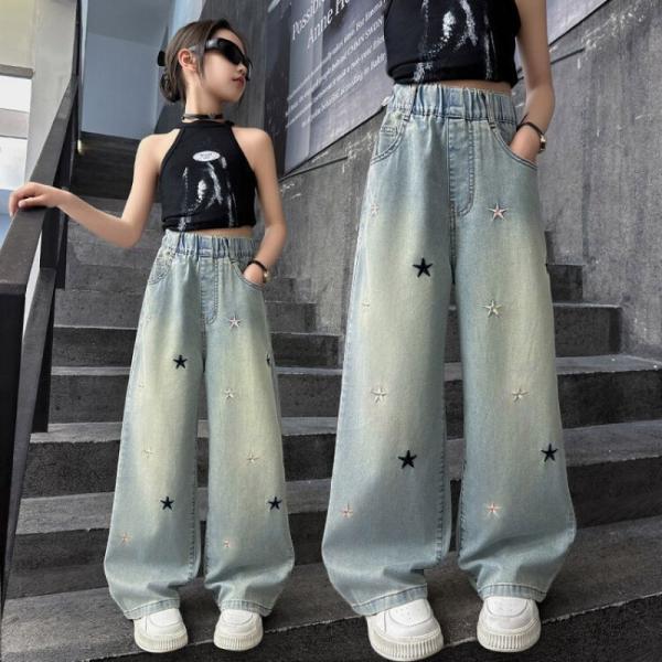デニムパンツ キッズ 女の子 ジーンズ 子供用 ワイドパンツ ストレートパンツ ロングパンツ ゆったり 春夏秋 ジュニア 女児 小学生 中学生 カジュアル おしゃれ