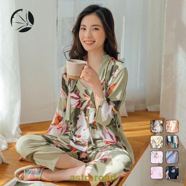 白のポリエステルルームウェアセット 爆買ルームウェア レディース パジャマ 綿 花柄3点セットポリエステル