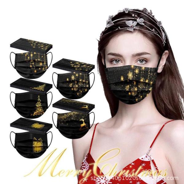 マスク クリスマス 不織布マスク 使い捨て 大人 黒マスク ゴールド 3D 50枚 感染予防 柄入り マスク 黒マスク ウィルス対策 3層構造 個性的 Christmas お洒落
