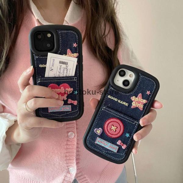 スマホケース iphone14 ケース 韓国 iphone13 ケース iphone12 ケース 携帯ケース iphone11 ケース シリコン デニム ワッペン カード収納 カードケース かわいい