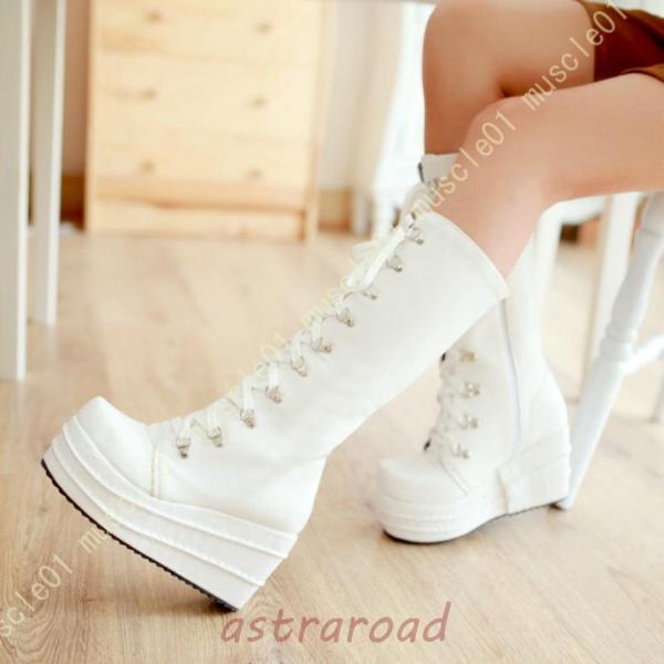 厚底ロングブーツ コスプレ ロングブーツ 編み上げ 白 ホワイト 黒