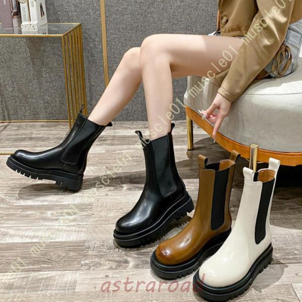 ブーツ ミドル丈 チェルシーブーツ レディース サイドゴア 本革 秋冬靴 厚底靴 ラウンドトゥ 身長アップ 脚長効果 冬 秋 厚底S＆L  美脚 おしゃれ 滑り止め ブーツ ミドル丈 チェルシーブーツ レディース サイドゴア 本革 秋冬靴