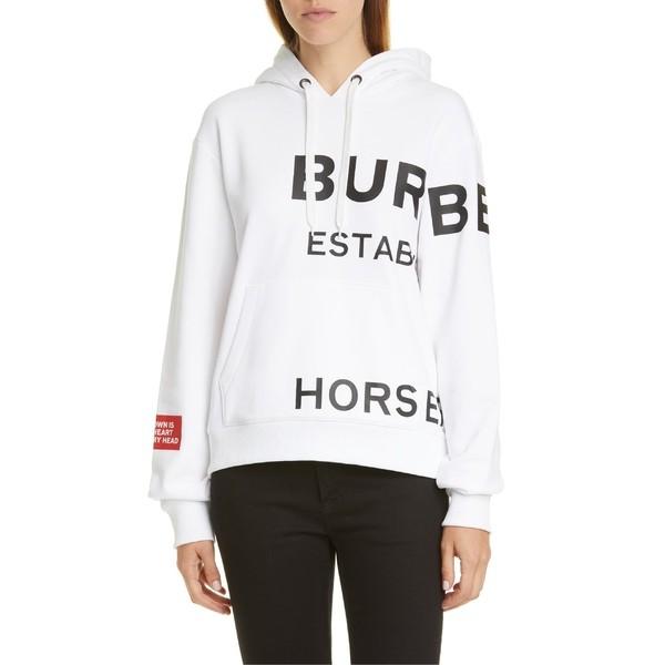 バーバリー パーカー スウェットシャツ アウター レディース Burberry Poulter Horseferry Print Cotton Hoodie White Supersport Tn