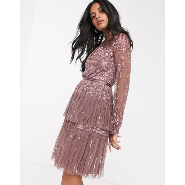 ニードルアンドスレッド レディース ワンピース トップス Needle Thread Embroidered Tiered Mini Dress With Sheer Sleeves In Merlot Merlot Fresnopianooutlet Com