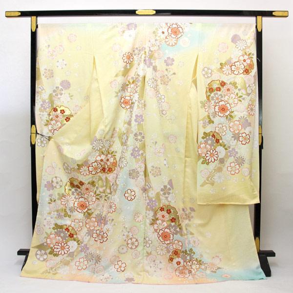 着物 振袖 型染め京友禅 金彩加工 蘇州刺繍 ラメ刺繍 桜地紋綸子地 未