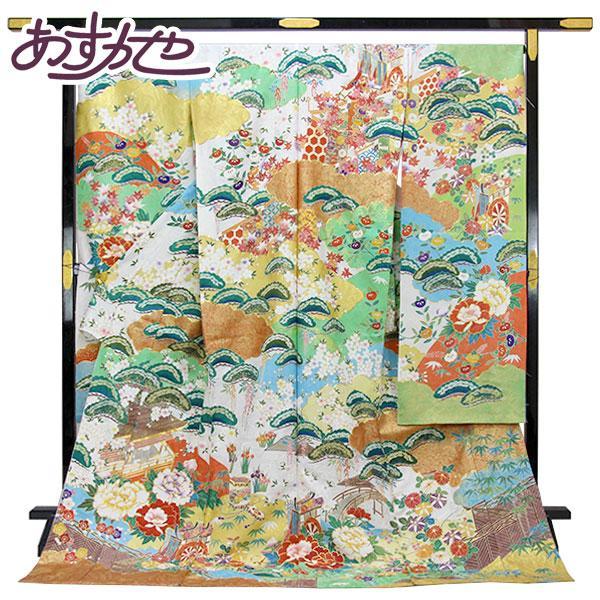 着物 振袖 銀通し金駒刺繍 友禅 手加工 丹後ちりめん地 四季の風景 未