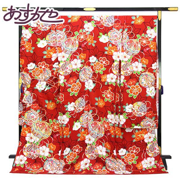 着物 振袖 紗綾形に花地紋 綸子 金彩加工 金駒刺繍 麻の葉と毬 未 