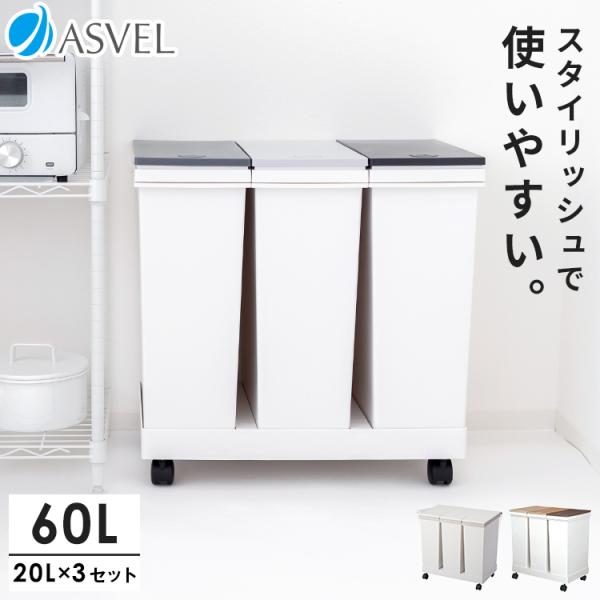 他サイト： ゴミ箱 おしゃれ キッチン 分別 【限定カラー】 横型 ワゴン 60リットル プッシュ アスベル 3分別 スリム キャスター 60L 蓋付き 資源ゴミ ごみ箱の商品画像