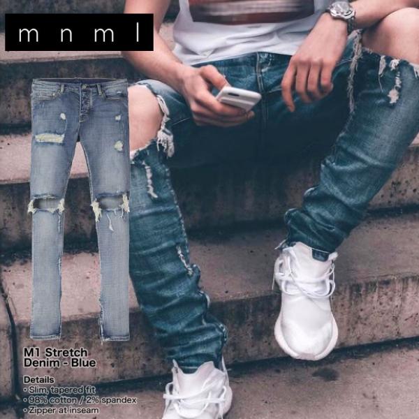 mnml（ミニマル） ストレッチ 裾ZIPジップ ダメージクラッシュジーンズ