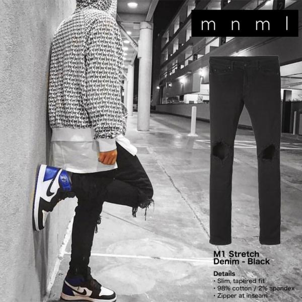 mnml（ミニマル） ストレッチ 裾ZIPジップ ダメージクラッシュジーンズ 