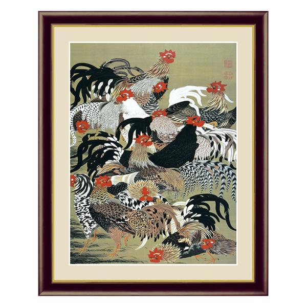 【迫力の逸品】軍鶏 絵画 額装品 彩色画 縁起物 インテリア 額縁付き アート 額絵 群鶏図 伊藤 若冲 本紙サイズ F4(約31x23cm) 額サイズ