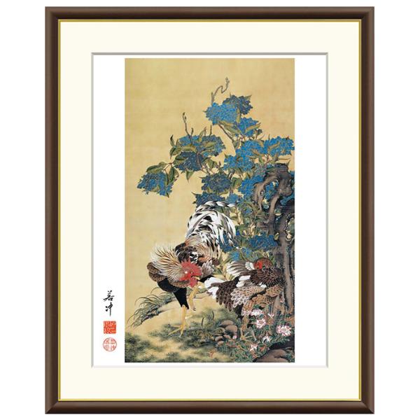 額絵 紫陽花双鶏図 伊藤若冲 42x34cm 三幸