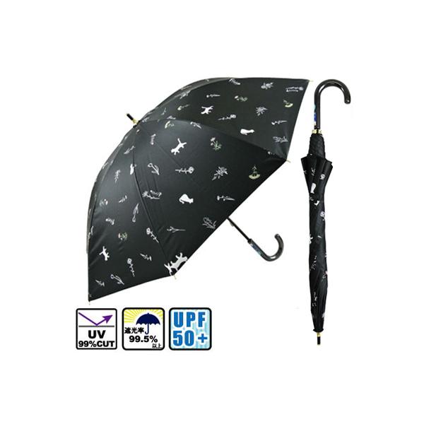 レディース 雨傘 長傘 晴雨 兼用 日傘 ボタニカル キャット総柄 黒 47cm 婦人 UVカット率99% UPF50+ ネコ ブラック シルバーコーティング加工
