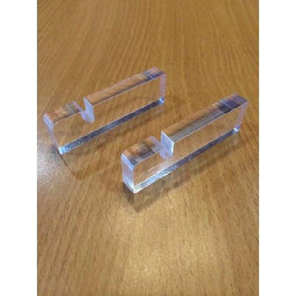 長さ：約75mm　溝の幅：5mm〜7mm　高さ：約23mm※作りによって上記のサイズから若干誤差がでる場合が御座います。3mm厚のガラスが立てられる透明のアクリルスタンドです。パネルなどの作品を飾るのに最適です。
