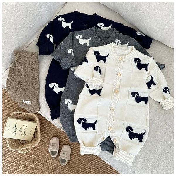 ベビー服 犬柄ニットロンパース つなぎ 男の子 女の子 ベビー 新生児
