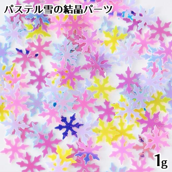 パステル調の雪の結晶パーツです。通常のホログラムよりやや厚みがありしっかりしたパーツです。レジン封入やネイルアートにどうぞ。■　内容量：約1g■　サイズ：約9.5×8 mm/0.4mm厚■　カラー：ランダム