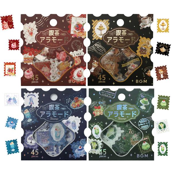 BGM クリアシール 喫茶アラモード・郵便局 箔押しフレークシール です。架空の喫茶店「喫茶アラモード」で提供されるスイーツや心地よい空間を切手風シールに落とし込みました。透明感のあるクリア素材に、きらりと輝く箔押し加工が施されています。手...