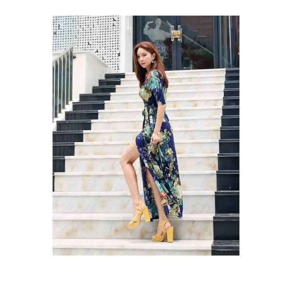 大花柄 マキシワンピース 七分袖 リゾートワンピース ガウンワンピース カシュクール 春夏 花柄 ロングワンピース ネイビー スリット Buyee Servicio De Proxy Japones Buyee Compra En Japon