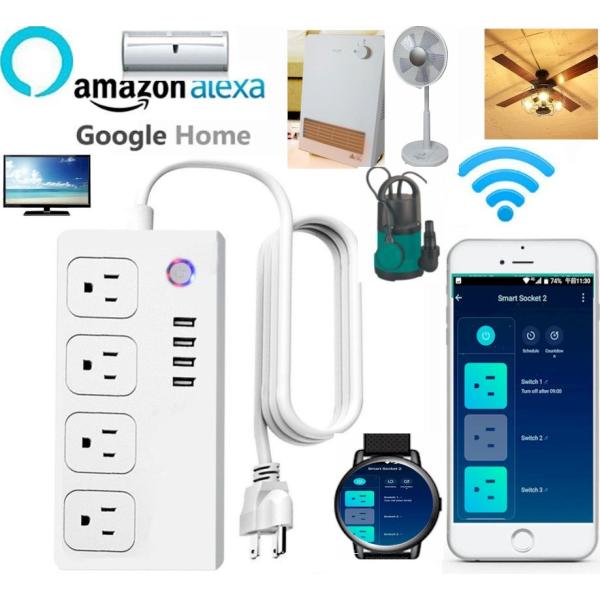 [Release date: April 14, 2019][箱潰れのため特価です]とても便利な4口コンセントと4USB電源付きの“どこでもスマートソケット“が新登場。お手持ちのWIFIルータやWIFIテザリングにアプリをインストールしてW...