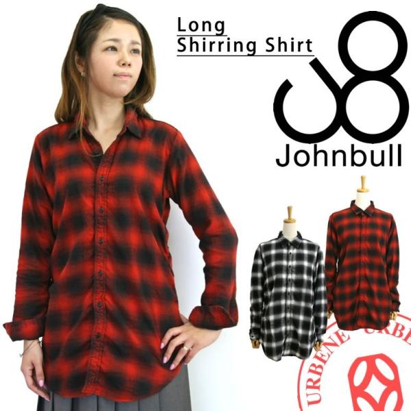 在庫一掃 ジョンブル レディース Johnbull ロング ネルチェック シャーリングシャツ おしゃれ ガウンシャツ 長袖