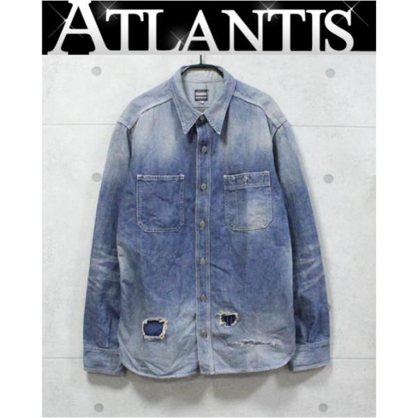 桃太郎ジーンズ USED加工デニムシャツ42 桃太郎ジーンズ SALE 美品 メンズ デニム シャツ ダメージ加工