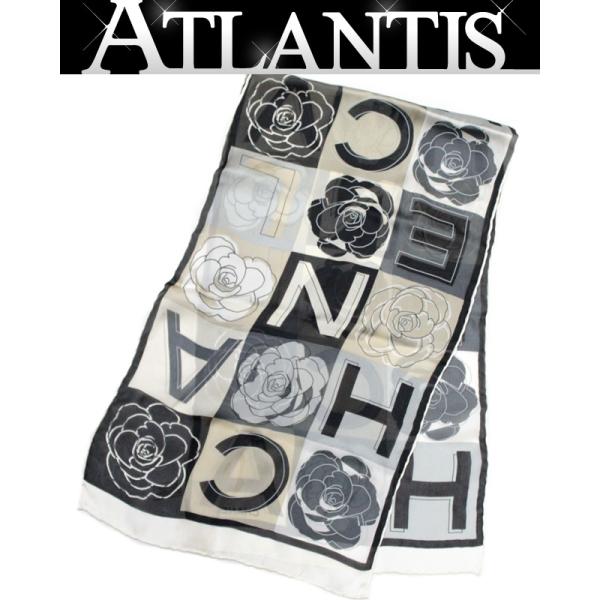 シャネル CHANEL カメリア ロングスカーフ シルク100％ 白×黒
