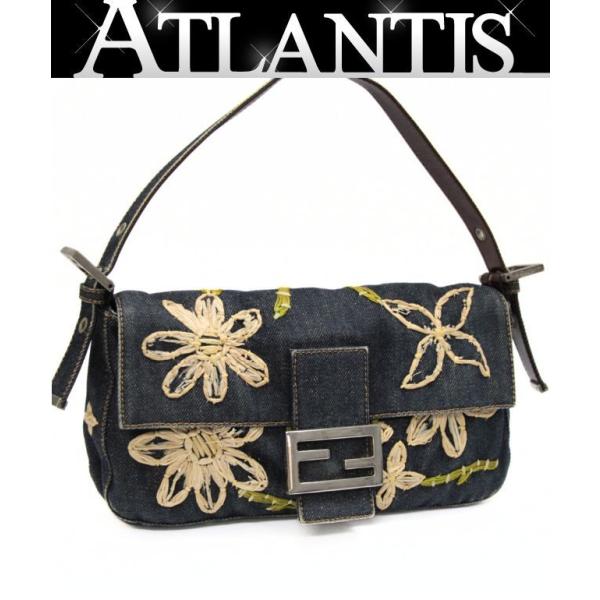 Fendi フェンディ デニム ハンドバッグ ネイビー マンマバケット フェンディ FENDI マンマバケット ショルダーバッグ フラワー デニム