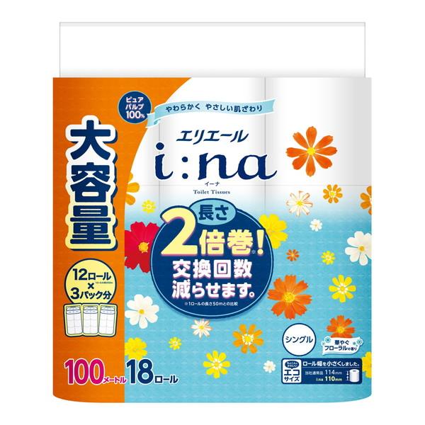 (送料無料・まとめ買い×4個セット)大王製紙 エリエール i:na イーナ トイレットティシュー18ロール シングル