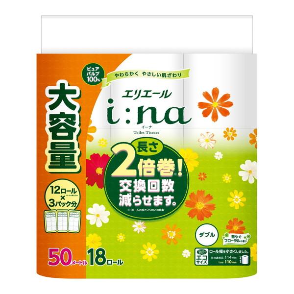 (送料無料・まとめ買い×4個セット)大王製紙 エリエール i:na イーナ トイレットティシュー18ロール ダブル