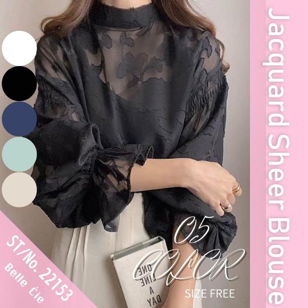 シアーブラウス シアートップス ジャガード ボリューム袖 透け感 レディース 韓国ファッション フェミニン きれいめ オフィス 卒業式 入学式 春秋