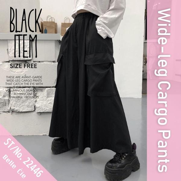 カーゴパンツ ワイドパンツ バギー カーゴポケット ウエストゴム レディース 韓国ファッション モード Y2K ストリート 極太 黒 無地 地雷系