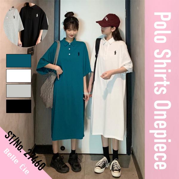 ポロシャツワンピース レディース ロングワンピース ポロ 半袖 ワンポイント刺繍 ゆったり Aライン ワンピース カジュアル 韓国ファッション 春夏
