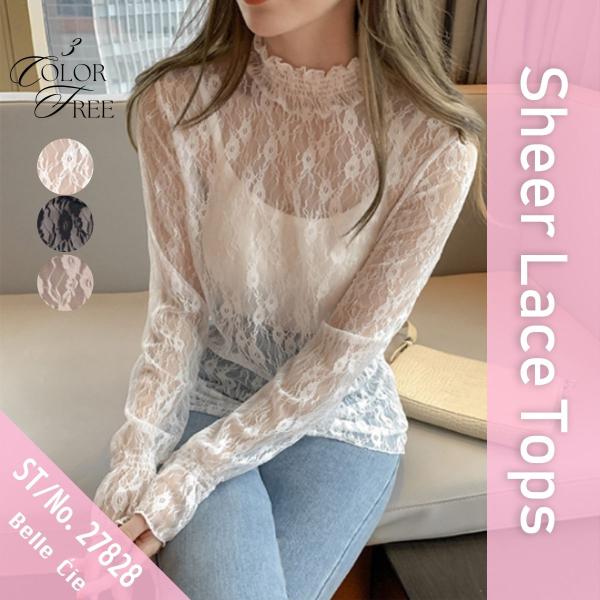 ■送料無料！ご注文から1~2営業日での発送[ブランド : Belle Cie ベルシー -ST/No.27828] Zutty ズッティ【ハイネックシアー小花長袖トップス】素材構成：シアーレース-ポリウレタン100％-プチハイネック襟がおし...