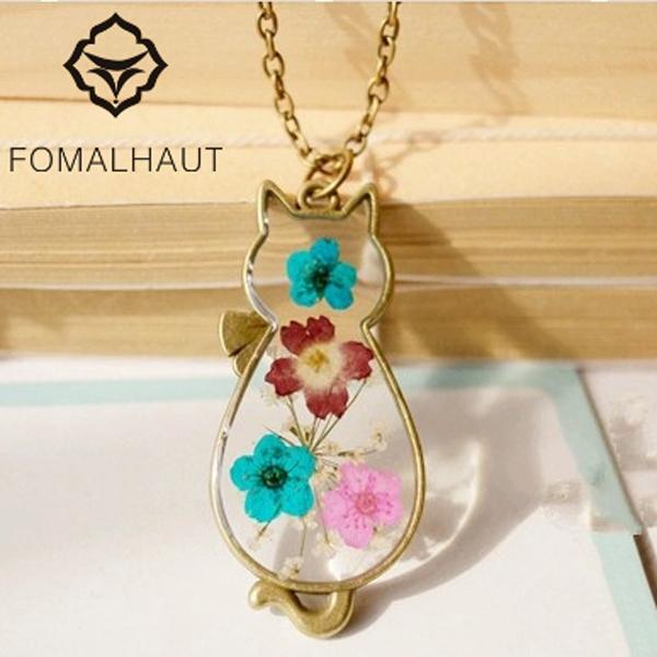 猫と花のハンドメイドネックレス