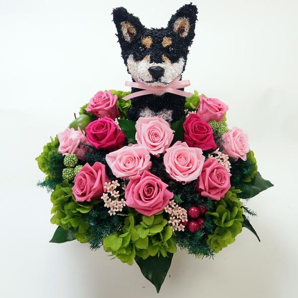 ハンドメイド　フラワーアレンジイーゼルオブジェ柴犬No.130 プリザーブドフラワーアレンジ犬 黒柴犬 Beauty 結婚祝い 誕生日