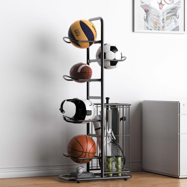 1,スポーツ空間を美しく整える、シンプル＆スタイリッシュなボールラック無駄のないシンプルでスタイリッシュなデザインだから、どんなインテリアにも自然に馴染み、圧迫感を与えません。ボール類を最大5個収納可能で、バスケットボールやサッカーボールな...