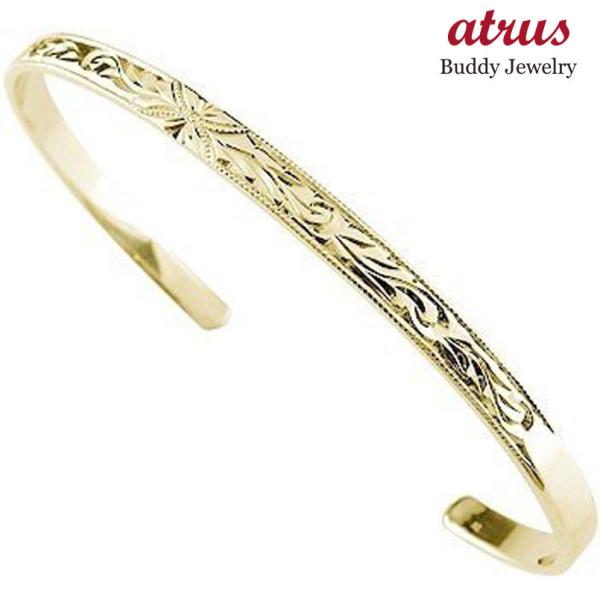 バングル プルメリア 手彫り ハワイアンジュエリー メンズ スクロール ブレスレット メンズｌサイズ ミル打ち ミル 18金 バングル メンズ ブレスレット イエローゴールドk18 K18 ym103 ジュエリー工房アトラス