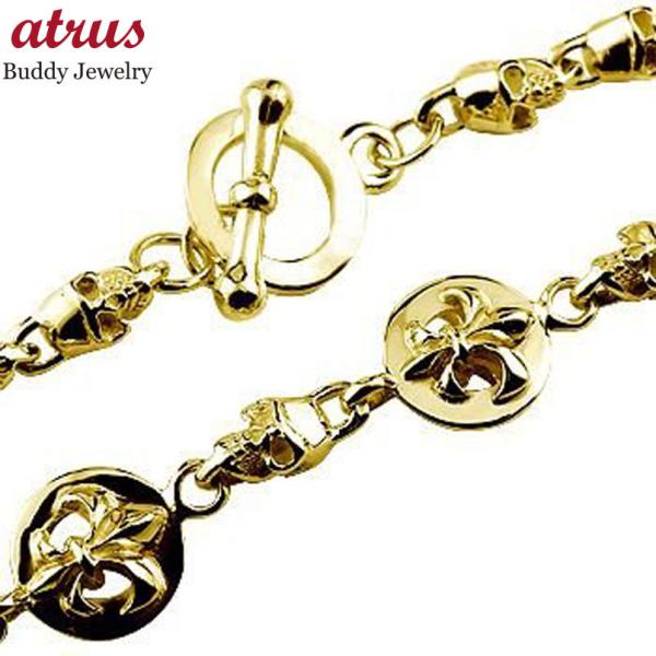 最安値特価商品 メンズジュエリー ブレスレット ユリの紋章 スカル 地金ブレスレット イエローゴールドk18 ドクロ 18金 シンプル 人気24cm 男性用 フルール ド リス お手頃価格