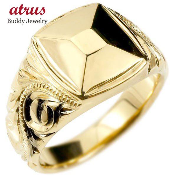 ハワイアンジュエリー メンズ 指輪 リング イエローゴールドk10 印台 幅広 幅広 指輪 10金 ファッション ハワイアン スクロール マイレ ミル打ち 男性用 トレジャーハンター yim ジュエリー工房アトラス